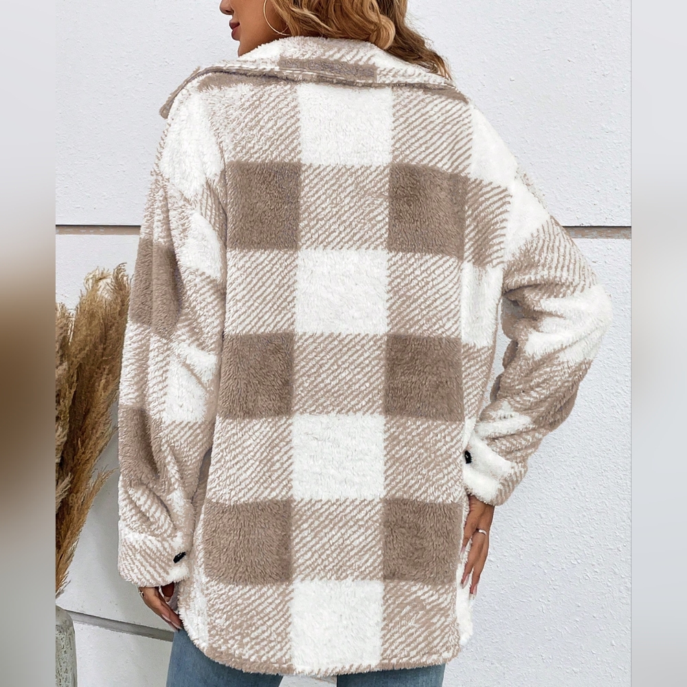 Plaid Pattern Drop Shoulder Flap Pocket Teddy Coat - Picture 4 of 4